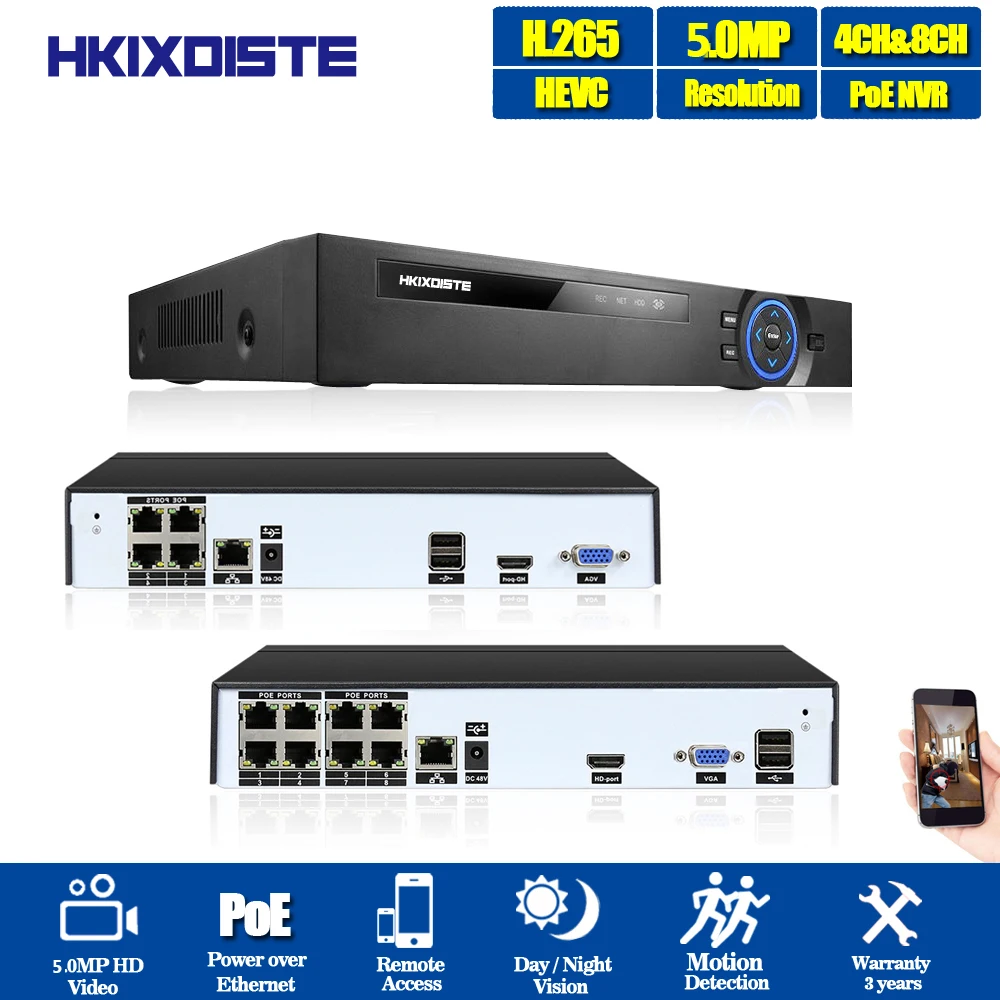 HKIXDISTE H.265 4CH 8CH Full HD 5MP 4MP POE NVR все-в-одном сетевой видеорегистратор для ip-камеры с питанием по POE XMeye система видеонаблюдения HDD 2 ТБ