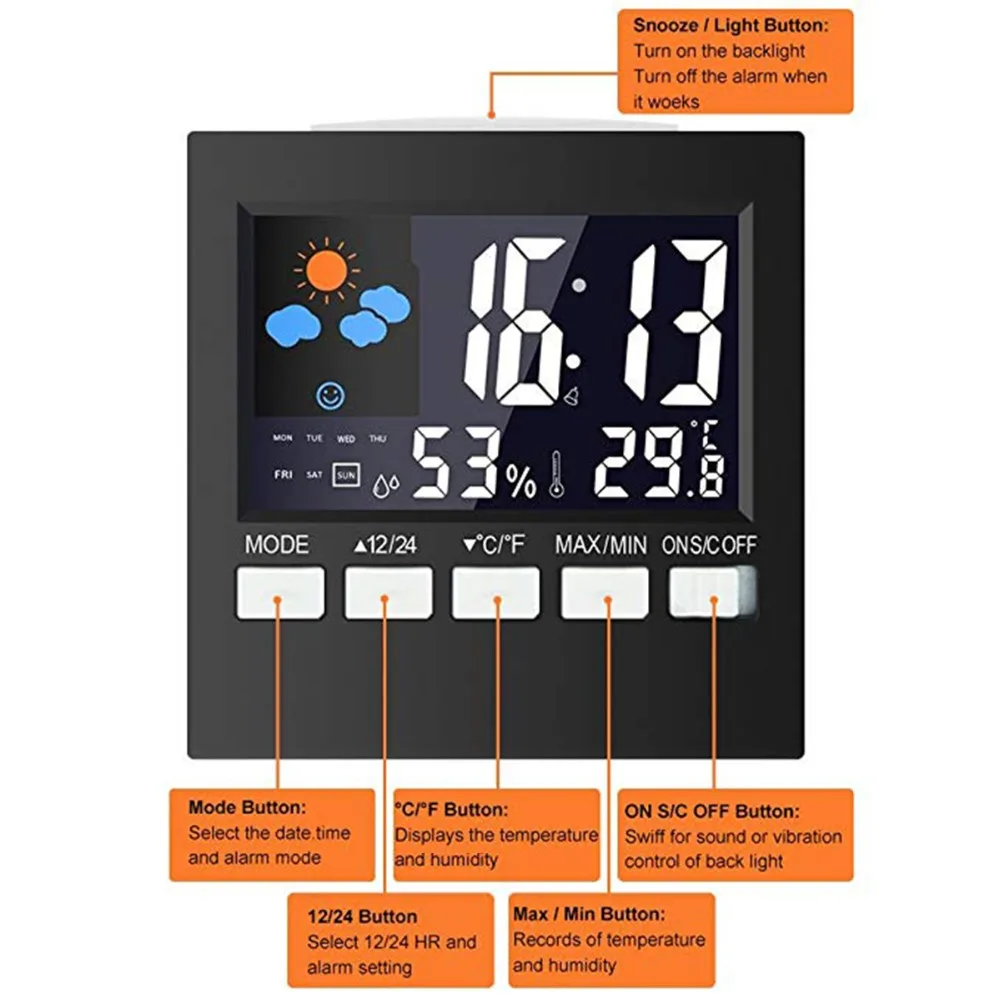 ЖК-цифровой светодиодный Будильник Дата Погода Температура Влажность путешествия подсветка электронные часы функция повтора настольные часы