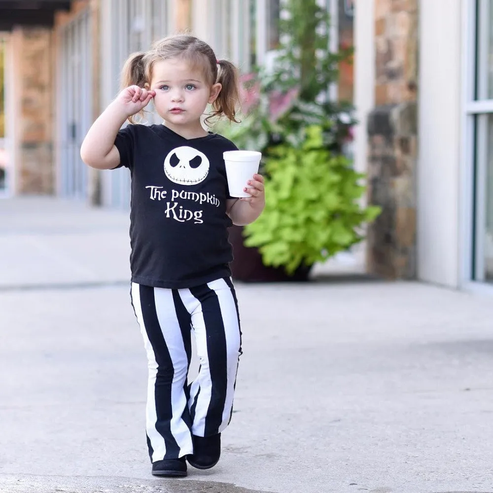 

Boutique kids clothing Halloween clothes 2PCs Skull Tops+Striped Flare Pants Winter clothes for baby roupas infantis