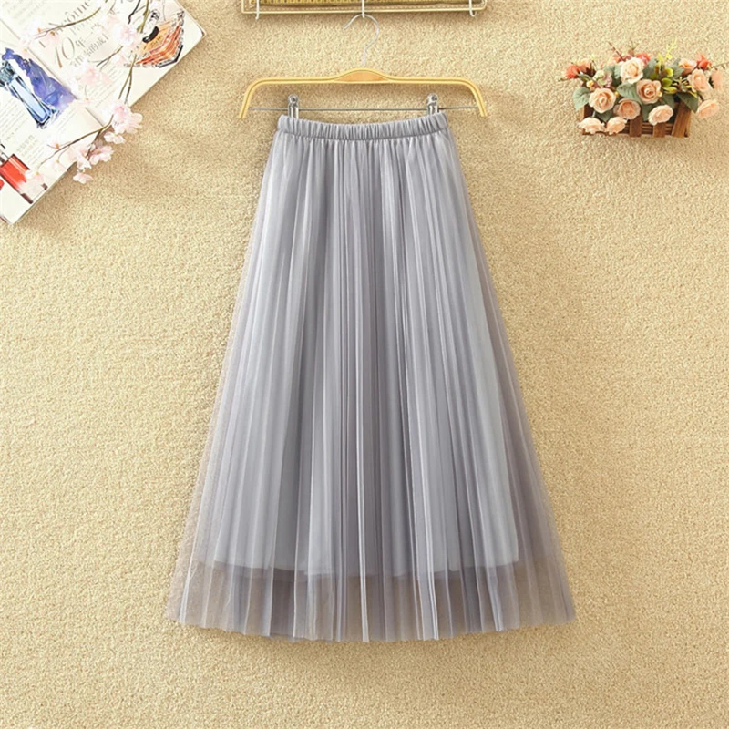 Women Long Loose Skirts Spring Summer Elastic Waist Pleated Mesh Big