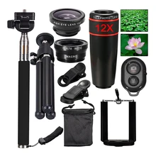 Mini Camera Mobile Phone Lens kit 12X Zoom Telephoto Lenses For iPhone and Android Smartphones Monopod