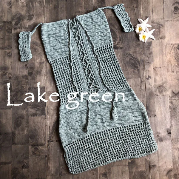 Женское модное Бандажное Открытое платье, вязанное крючком бикини, накидка, бохо, Цельный купальник, сексуальный купальник - Цвет: Lake green