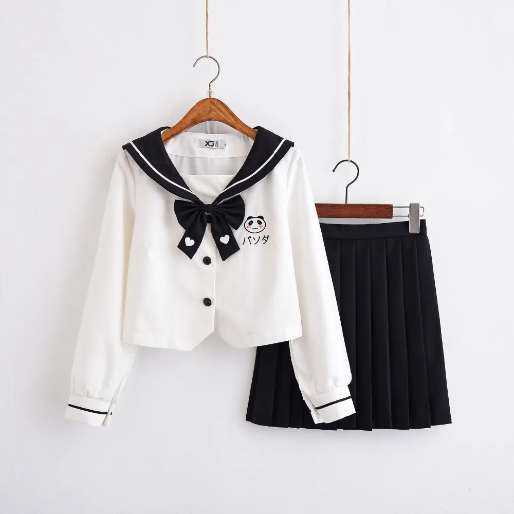 

Panda Embroidery New School Uniforms For Girls JK Japanese Red White Sailor Uniform Cosplay School Class Long Sleeve Suits