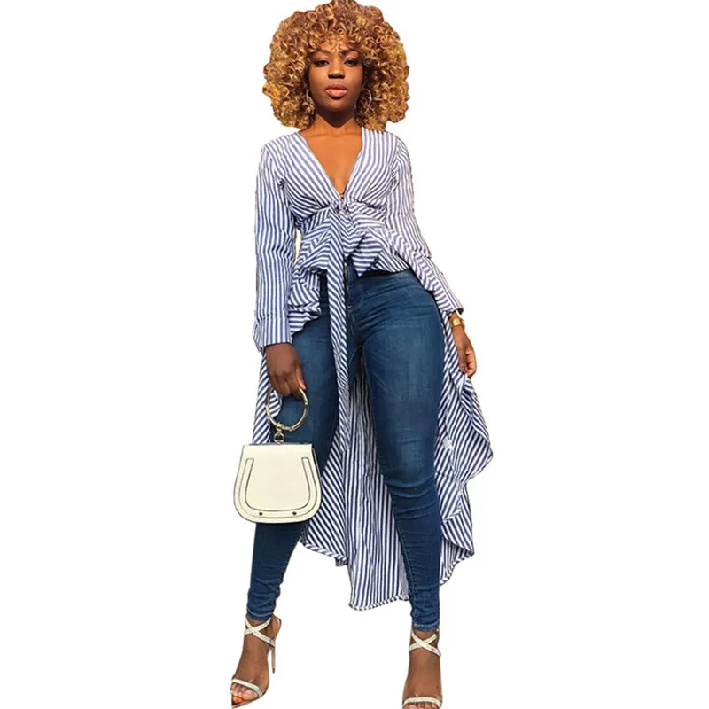 

Sexy V-neck Striped Blouses Shirts Women Blusas Casual Long Sleeve Irregular Ruffles Tunic Top Ladies Blouses with Bow Sashes