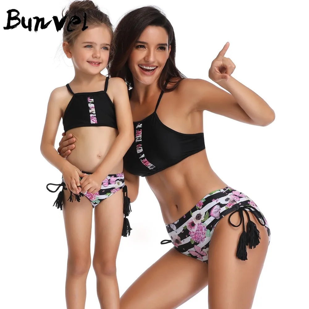 

BUNVEL Mommy and me swimsuit Leaf Print Ruffled High Waist Bikini mae e filha Summer 2pcs Set Family Matching Swimsuit