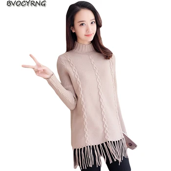 

new long-sleeved loose sweater women autumn winter half-high collar tassel sweater long female knit bottom tops fashion pullover