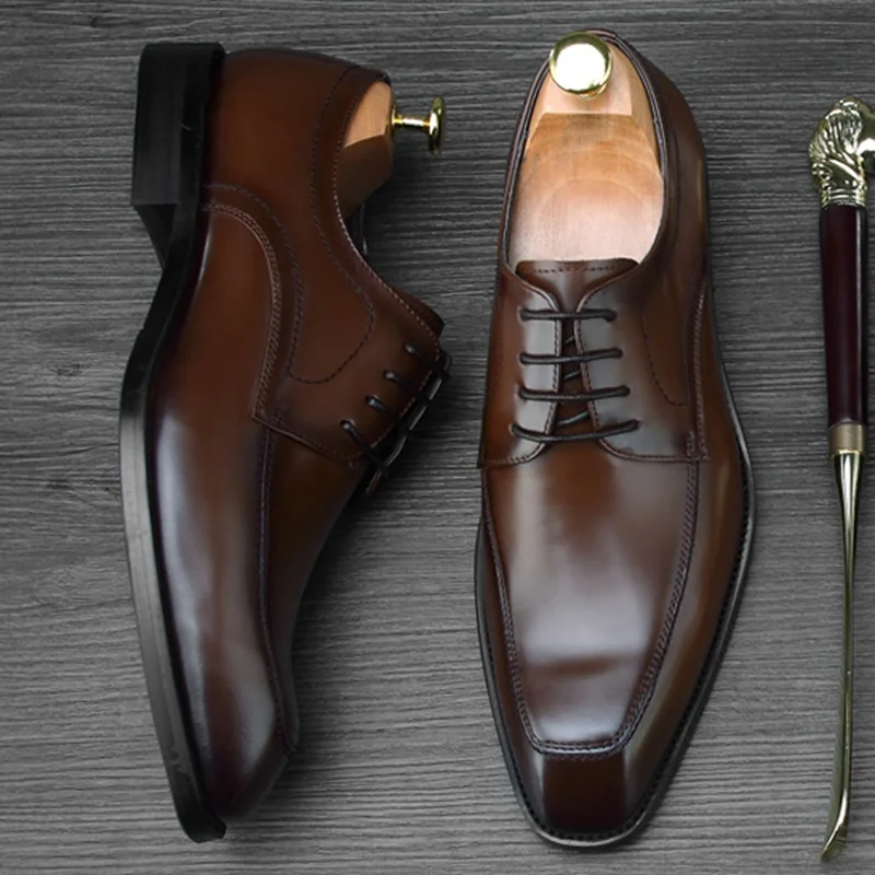 Ne70 Derby Zapatos Partido Genuino Moderno Pie Boda A Mano Dedo 2018 Lujo De Cuadrado Oxfords Hecho Del Negro Hombre La marrón Cuero Vestir Hombres Formal Calzado Yw8pfgq