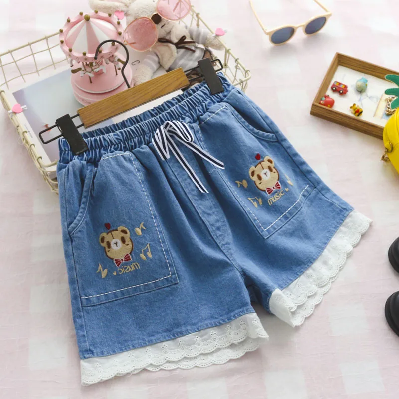 

Women Summer Denim Shorts lace embroidery Bear pocket High Waist Short woman