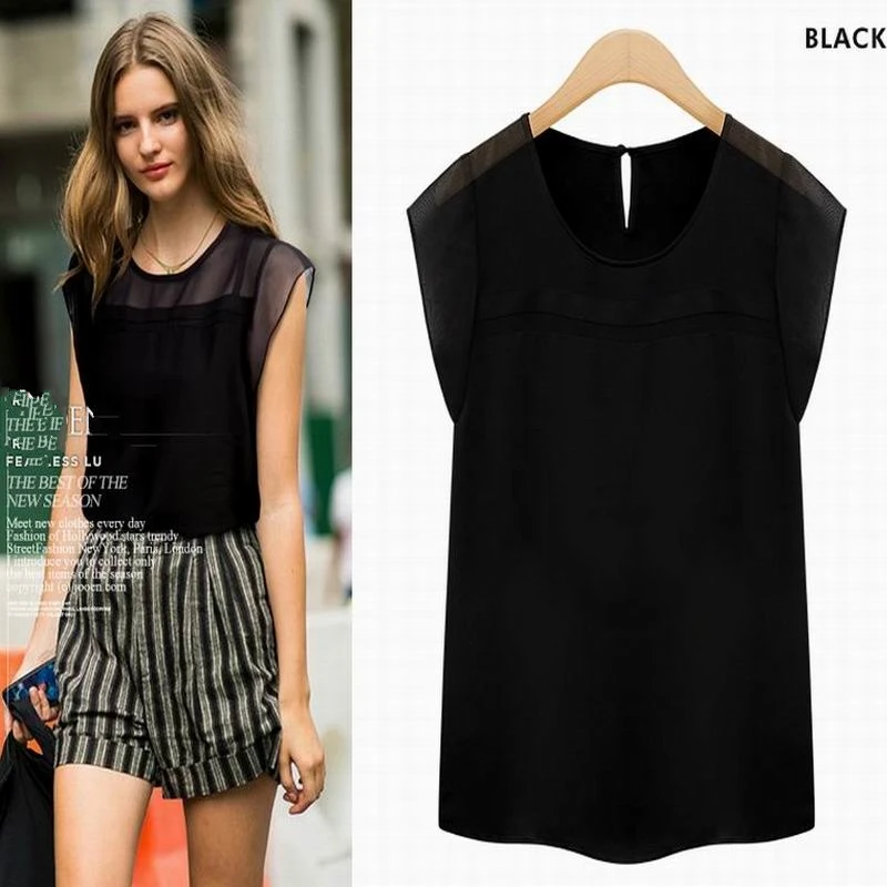 

Women Blouse Combination Black White Chiffon Short Sleeve Sexy Tops