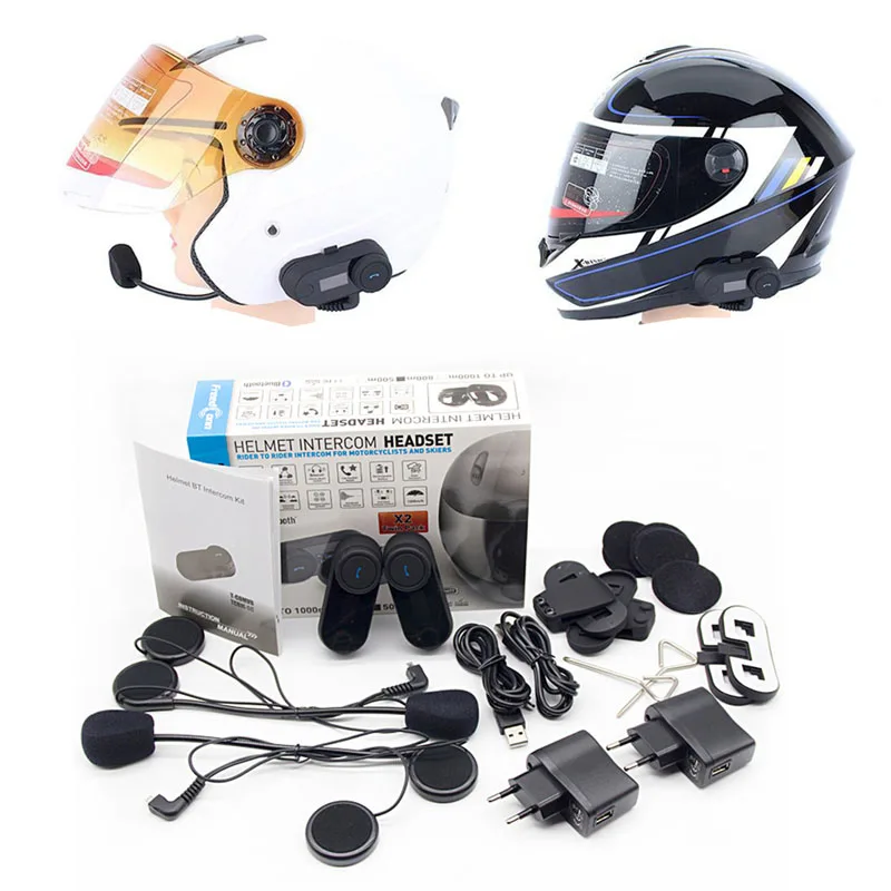 2ピースbluetoothオートバイヘルメットインターホンインターホンヘッドセット+スクリーン+ fmラジ