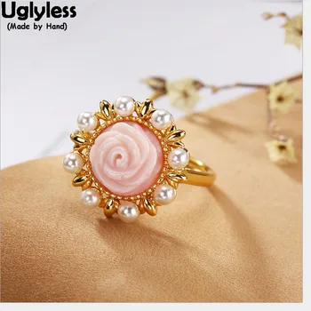 

Uglyless 100% Real 925 Sterling Silver Natural Pink Shell Fine Jewelry for Women Handmade Rose Open Rings Pearls Sunflower Ring