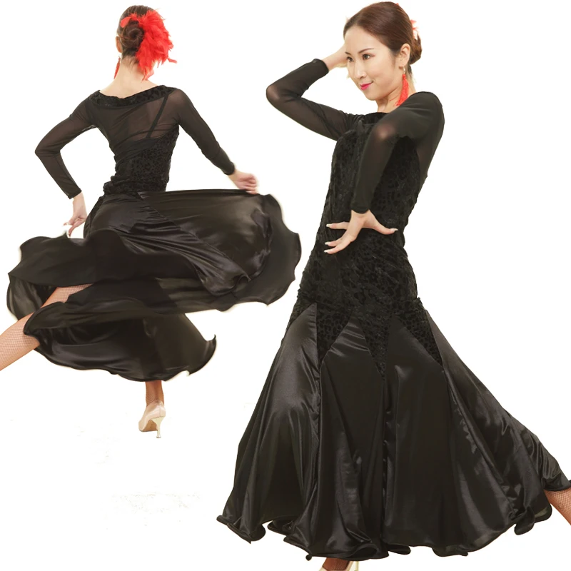 Бальный танцевальный костюм сексуальный красный черный плоский плечевой воротник бальный танец платье для женщин бальный танец соревнование платье