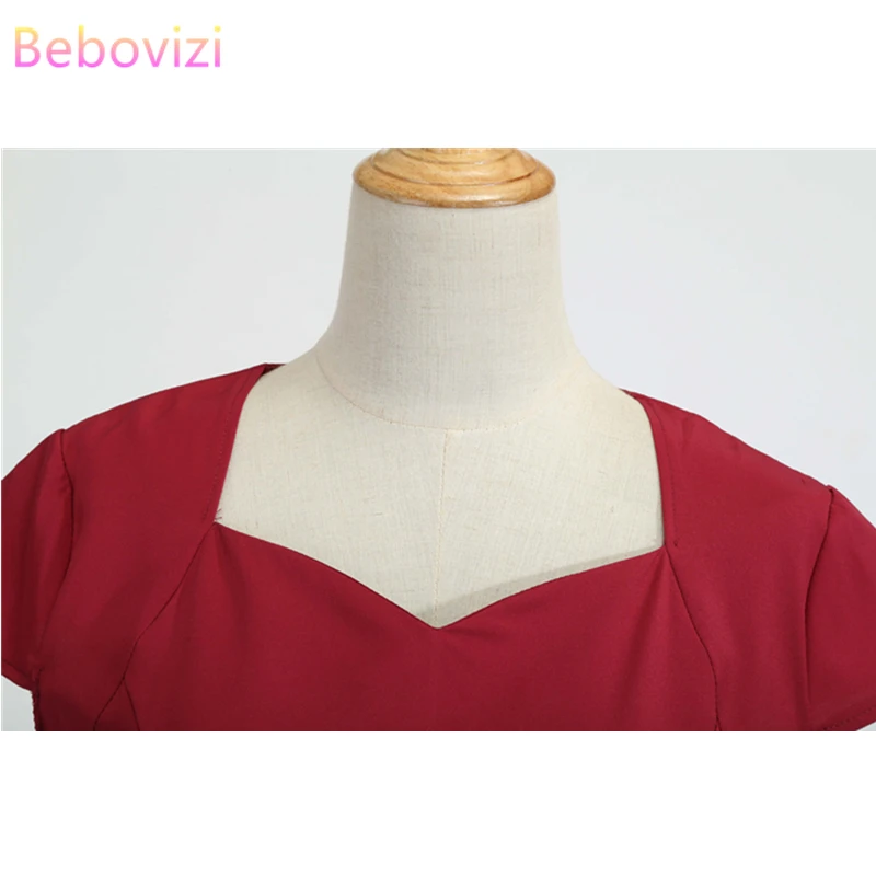 Bebovisi Новинка Лето 50s 60s винтажное женское платье Shein однотонное красное вино с коротким рукавом квадратный воротник элегантные вечерние платья