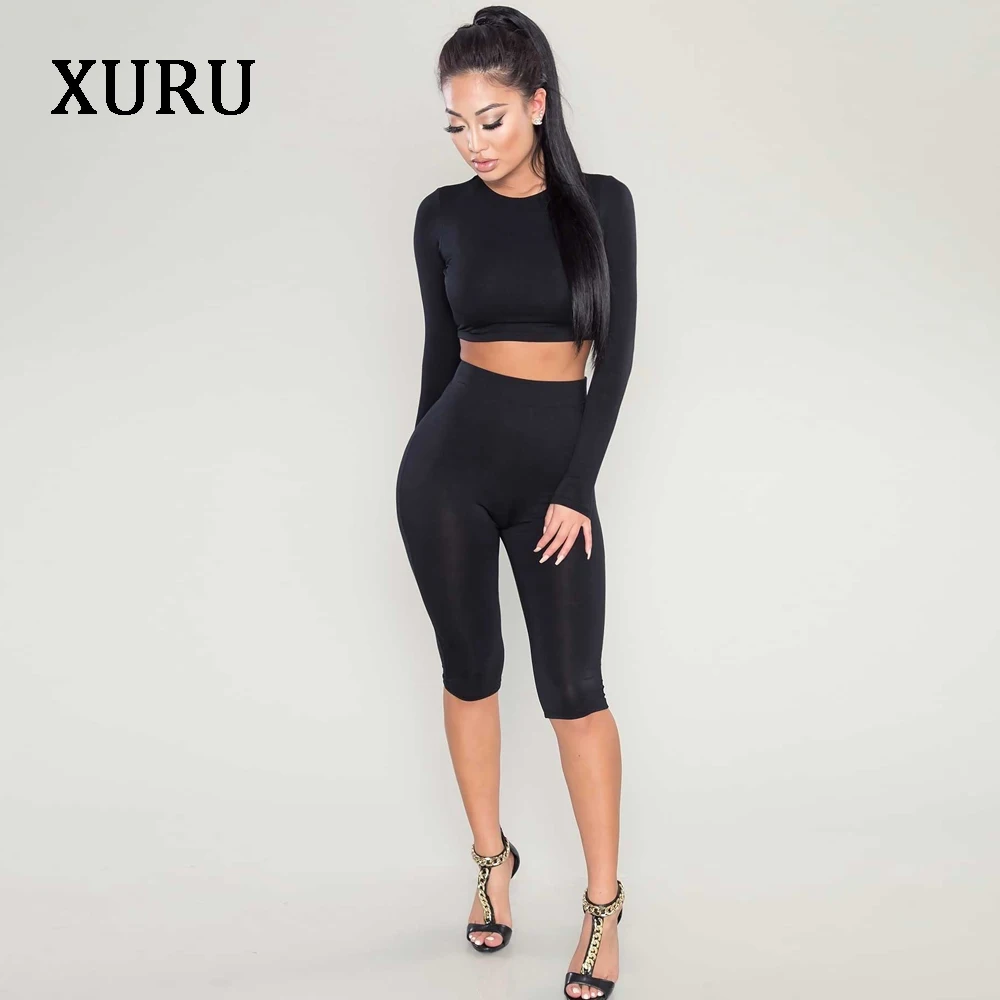 XURU Summer Playsuits Women Jumpsuit Rompers High Stretchy Solid Two Piece Set Long Sleeve Fitness Casual Rompers 2018 Summer 