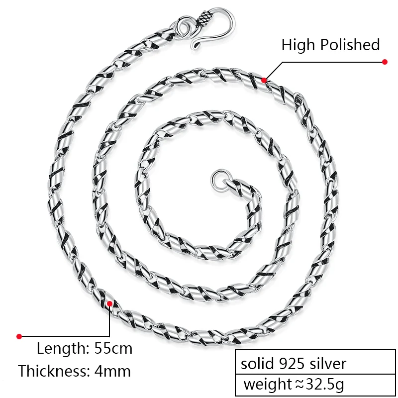 ZABRA, 925 пробы, серебряное, хип-хоп ожерелье для мужчин, ширина 4 мм, 21,6 дюймов, витая, Сингапур, цепочка, панк, винтажное, байкерское, ювелирное изделие