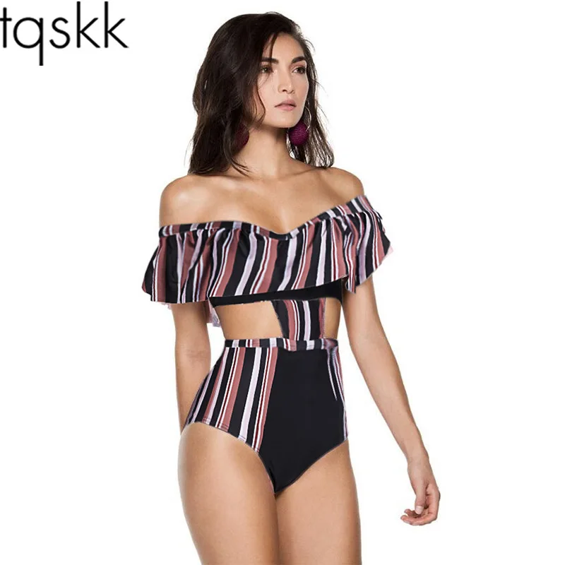 

TQSKK 2019 Sexy Off The Shoulder One Piece Swimsuit Falbala Bathing Suit Swimwear Women Female Ruffle Monokini Swim Wear S-L