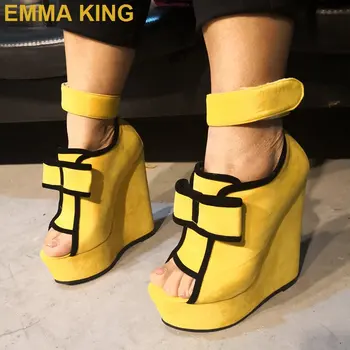 

Fashion Yellow Women Wedge Sandals Bowknot Decor Ankle Strap High Heels Sandals Sexy Ladies Platform Pumps Summer Sandals Shoes