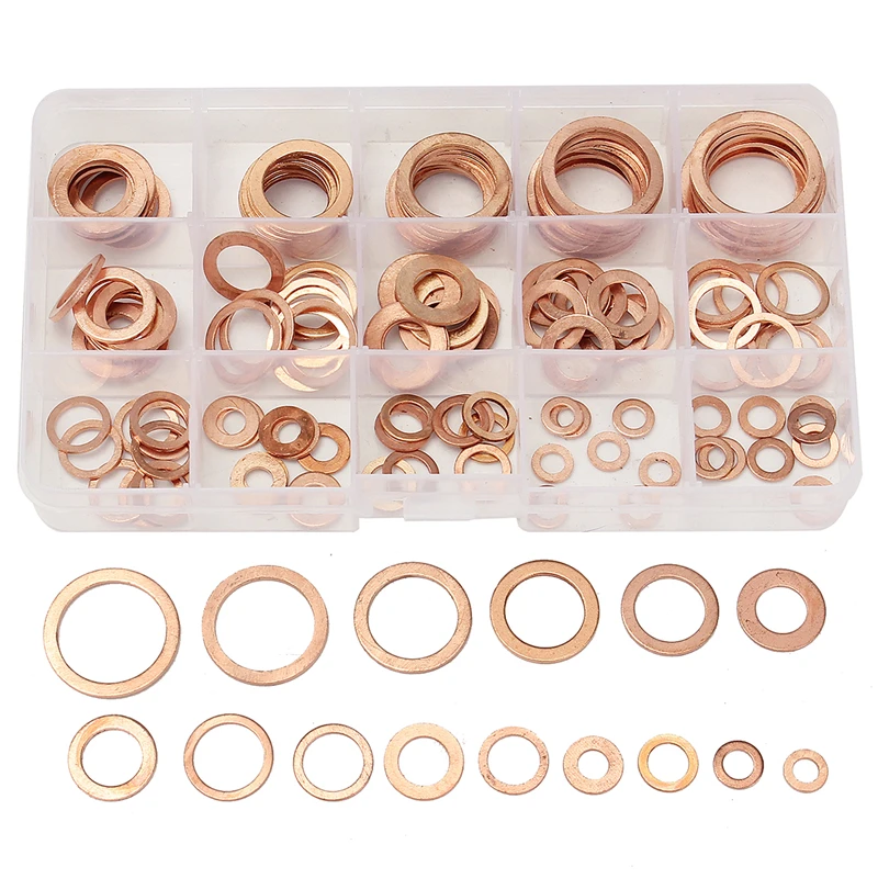 

150PCs Solid Copper Washers Sump Plug Assorted Washer Set Plastic Box 15 Sizes Great Fuel And Hydraulic Fittings