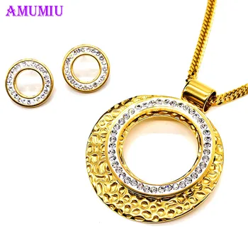 AMUMIU Trendy Jewelry Rhinestone Oval Hollow Round Pendant Gold Color Necklace Earring For Women Wedding Party JS087