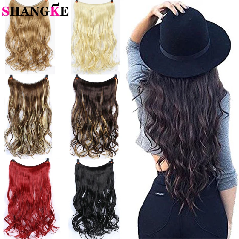 SHANGKE 24inch Long Curly Extension Synthetic Hair Heat Resistant Hairpiece Fish Line Straight Hair Extensions wire hairpiece