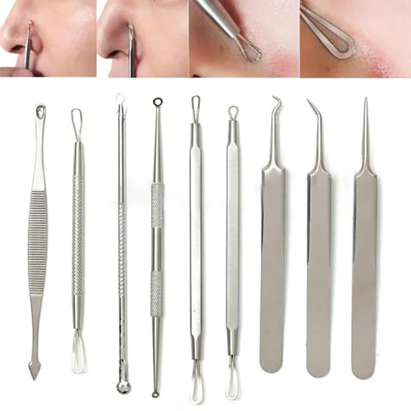 

9Pcs Face Cleaning Stainless Pore Cleaner Acne Needle Tweezers Comedone Blackhead Eliminator Face Blackhead Remover Tool