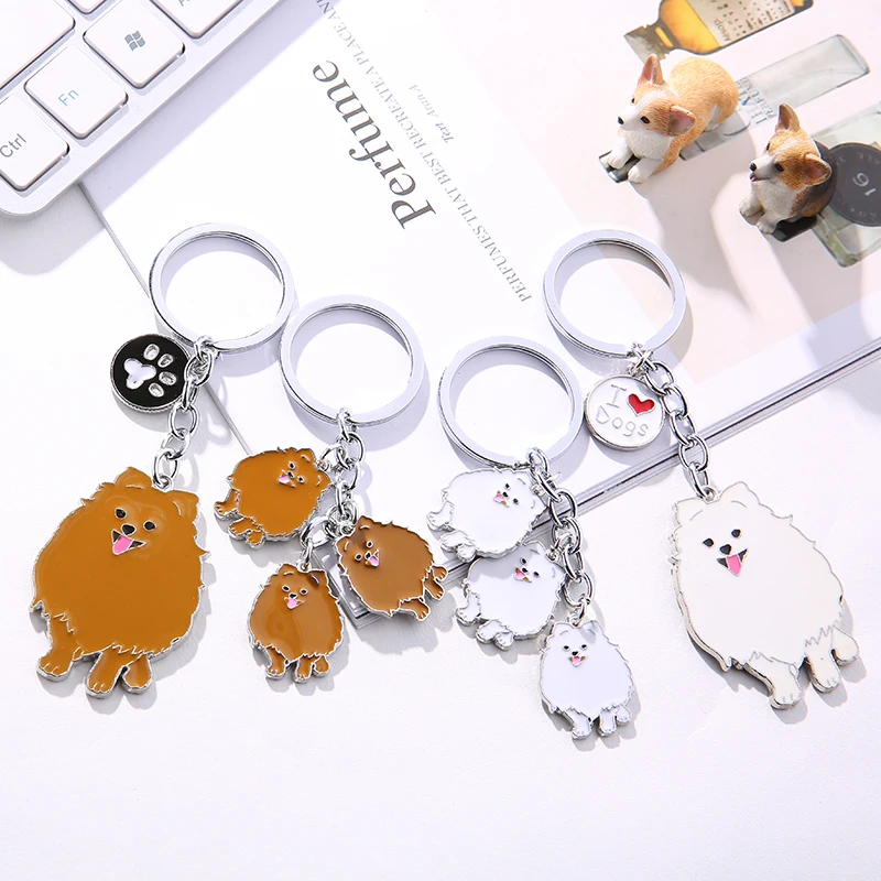 Jewelry Lovely Pomeranian dog charm key chains for women men metal Pet Dogs Keychains bag car key ring holder gifts