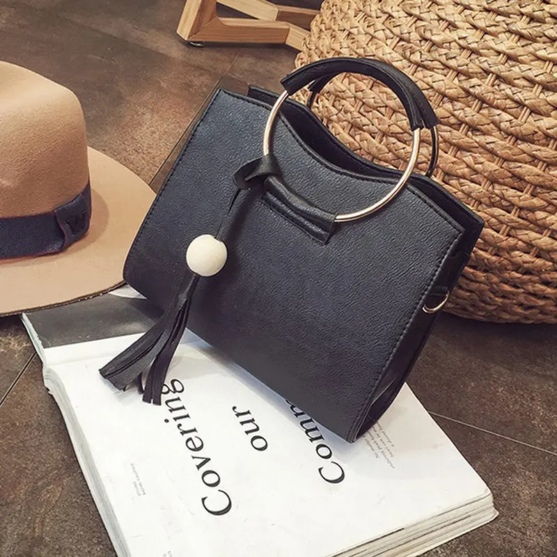 Fashion Women PU Leather Handbag Tassel Shoulder Bag Women Top Handle Totes Metal Ring Crossbody Bags Vintage Messenger Bags Fashion Women PU Leather Handbag Tassel Shoulder Bag Women Top Handle Totes Metal Ring Crossbody Bags Vintage Messenger Bags