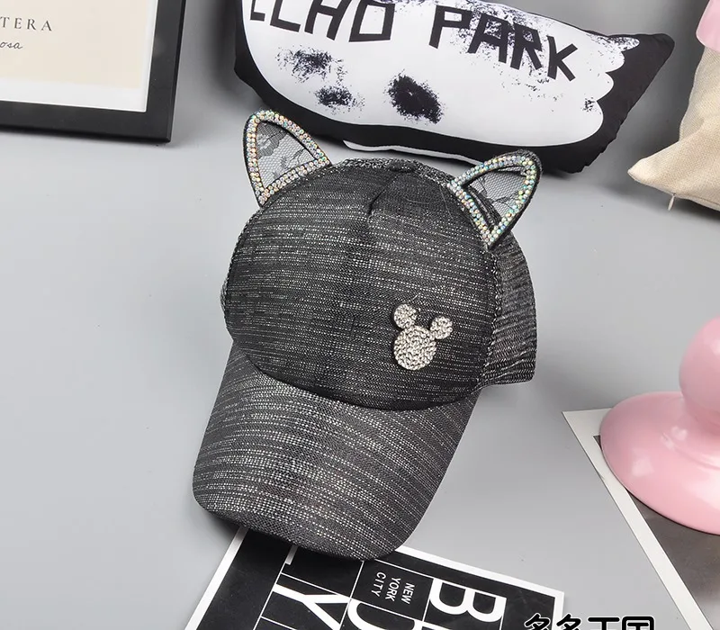 Детская бейсбольная кепка с алмазными кошачьими ушками, серебряная летняя кепка с проволокой для девочек, модная сетчатая шляпа с изображением Минни Мауса