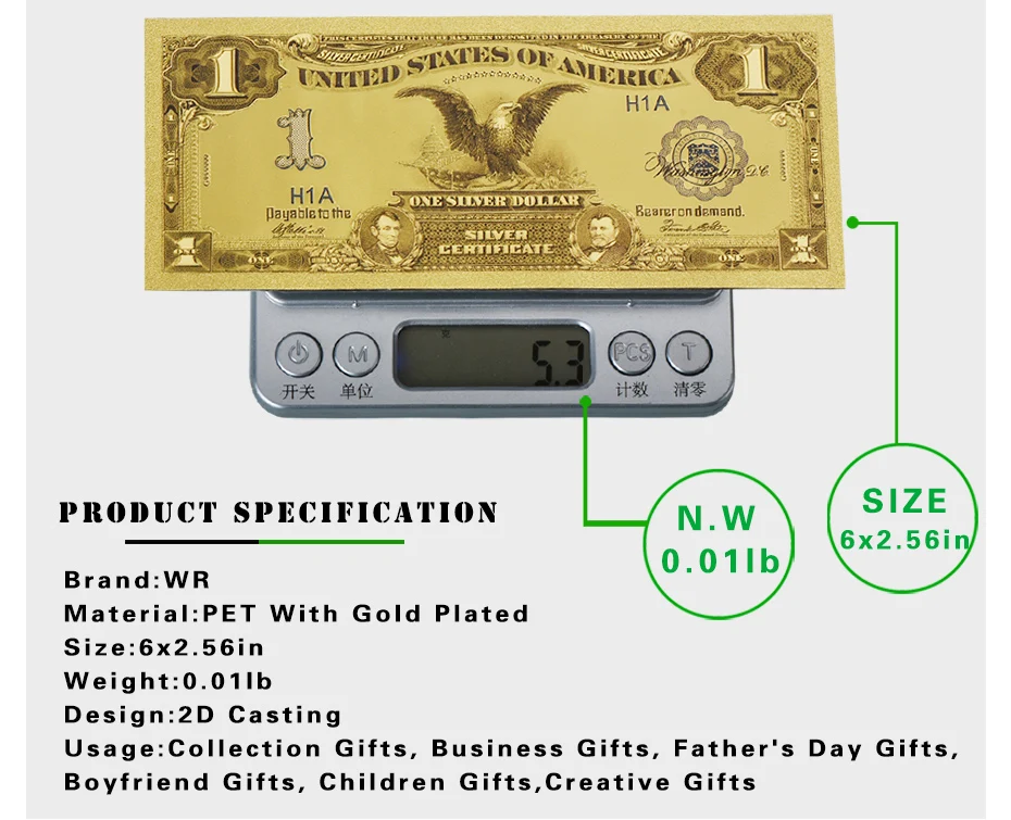 WR US позолоченная банкнота 1899 год Американский 1 доллар США золото купюр домашний декор Коллекционная бумага деньги для коллекции