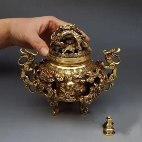7 "Китайская латунная позолоченная 9 Дракон благовония горелка курильница