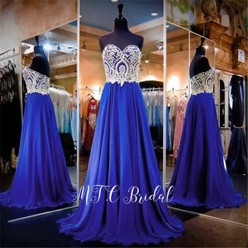 

Long Royal Blue Evening Dress 2019 High Quality Gold Appliques A Line Floor Length Formal Occasion Dresses Cheap Party Gowns