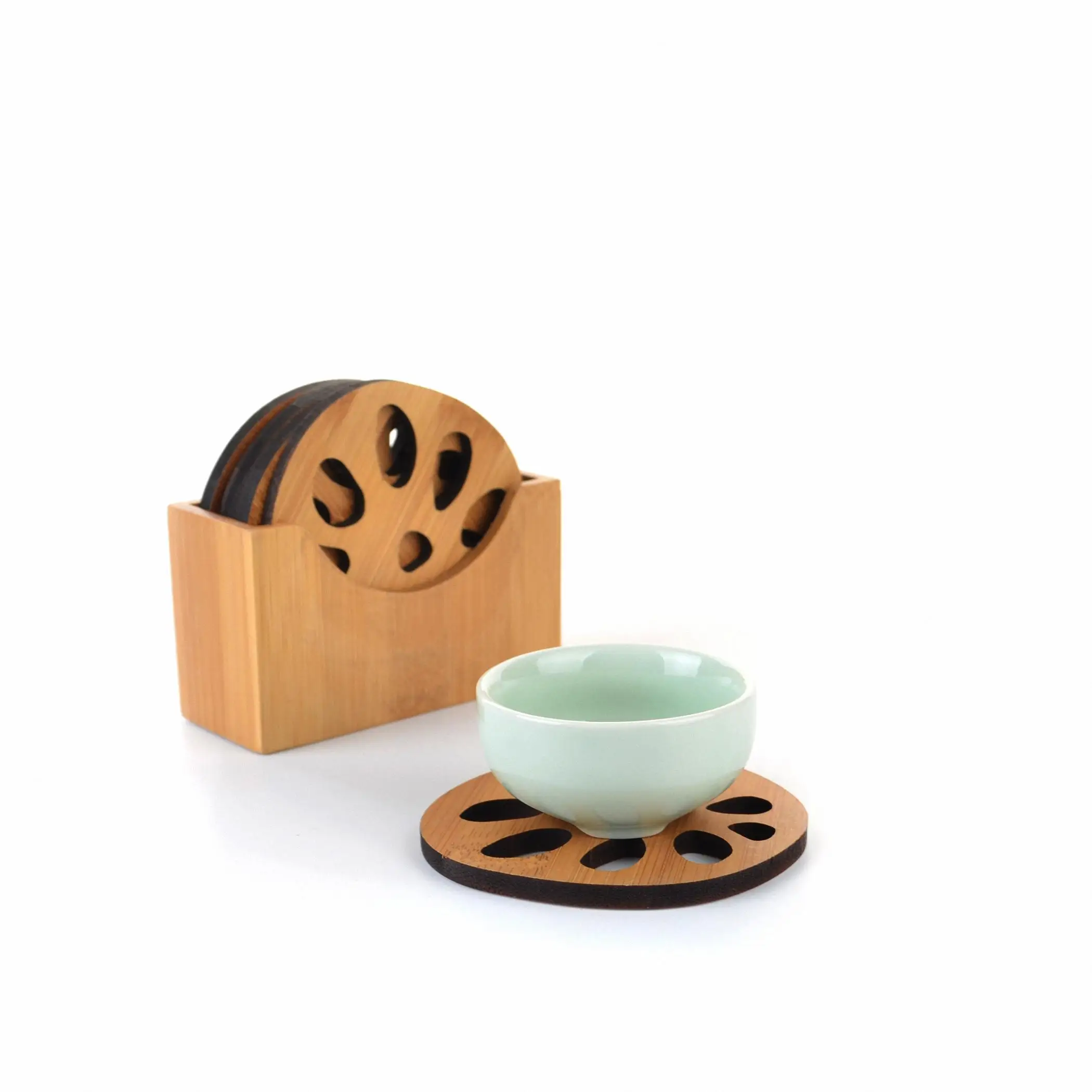  Kinds Natural Bamboo Lotus Leaf Root Shaped Round Mat Dia.80mm x 6 Pad w/ Holder Gongfu Kung fu Tea