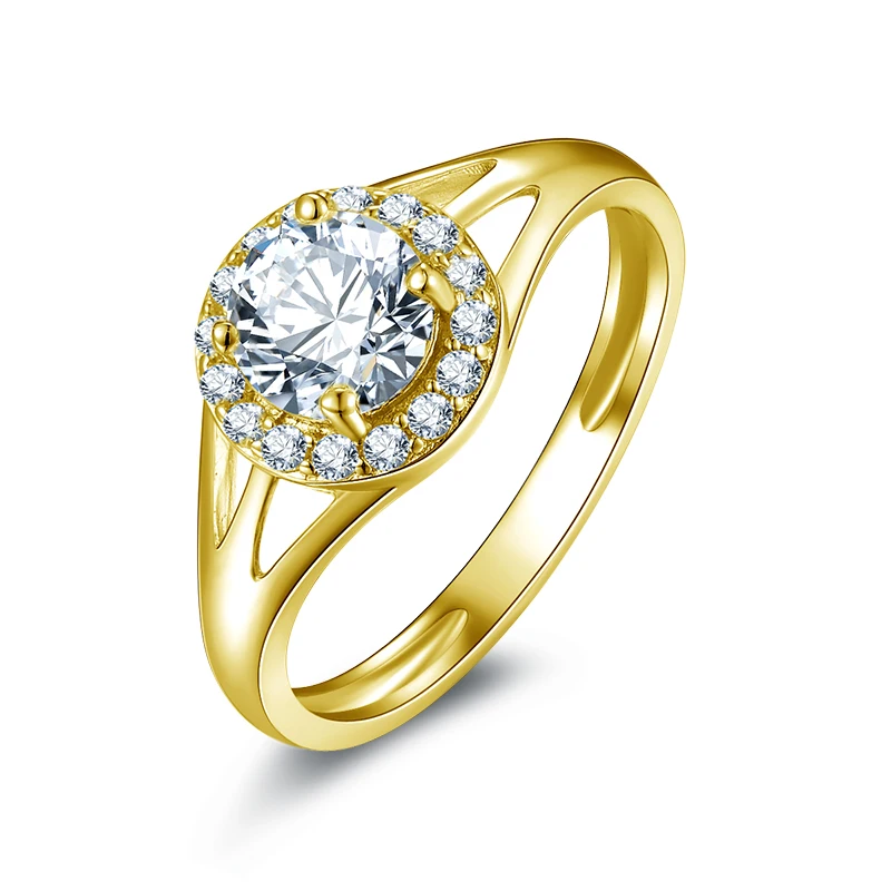 QYI Women Solid 10K Yellow Gold Wedding Engagement Rings Round Cut 1ct Sona Simulated Diamond Rings Support 10K Customization