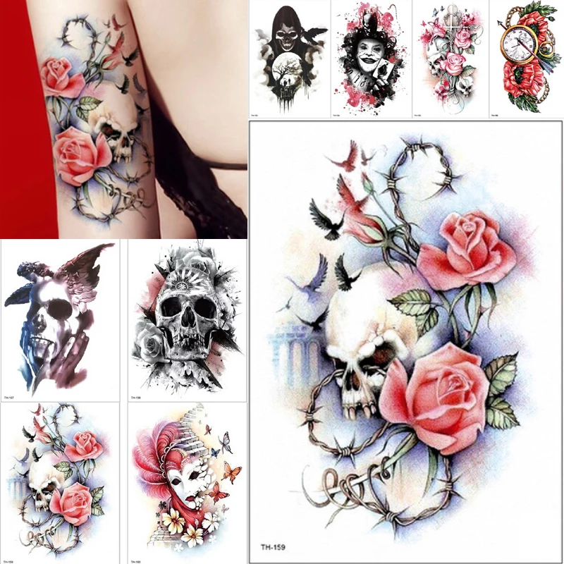 1 Pieces Grand Impermeable Temporaire Tatouage Autocollants Hommes Bras Corps Art Rose Crane Oiseaux Horloge Dessins Faux Tatouage Womentattoo 15 21cm Aliexpress