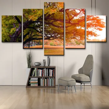 

Modern home decor autumn golden leaves nature landscape poster HD printed 5 large modular canvas painting for living room wall