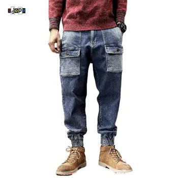 

Idopy Men`s Hi-Street Style Cargo Jeans Multi-pockets Cuffed Loose Hip Hop Denim Pants Trousers For Hipster Joggers Plus Size