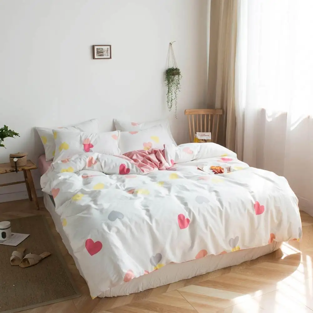 Pink Grey Yellow Hearts Bed Cover Duvet Cover Set Cotton Bedding Set Bedlinens Twin Queen King Flat Sheet Fitted Sheet