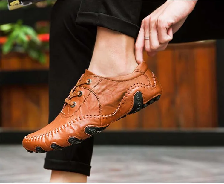 Летние Для мужчин повседневная обувь Высокое качество кожа Для мужчин s удобные лоферы на шнуровке Мужская обувь без каблука обувь для