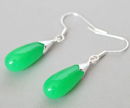 

Silver Hook Green Jade Teardrop Eardrop Earrings 1 1/2