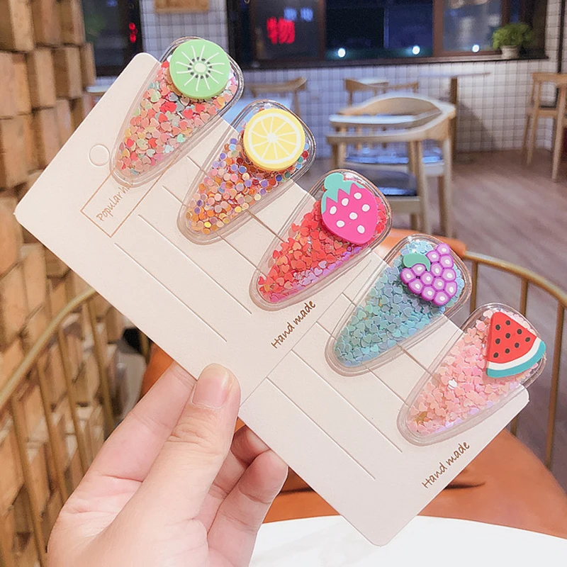 

New Cute Childrens Cartoon Fruit Hairpins Strawberry Hair Clips Sequins Transparent Water Drop-shaped Hair Accessories Headwear