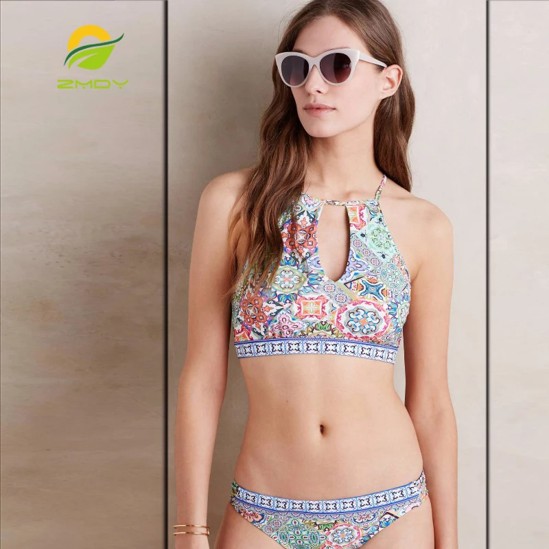 

ZMDY Sexy Women Brazilian Bikini High Neck Halter Print Slim Vintage Beach Two-Piece Swimwear Black Bathing Suit Swimsuit