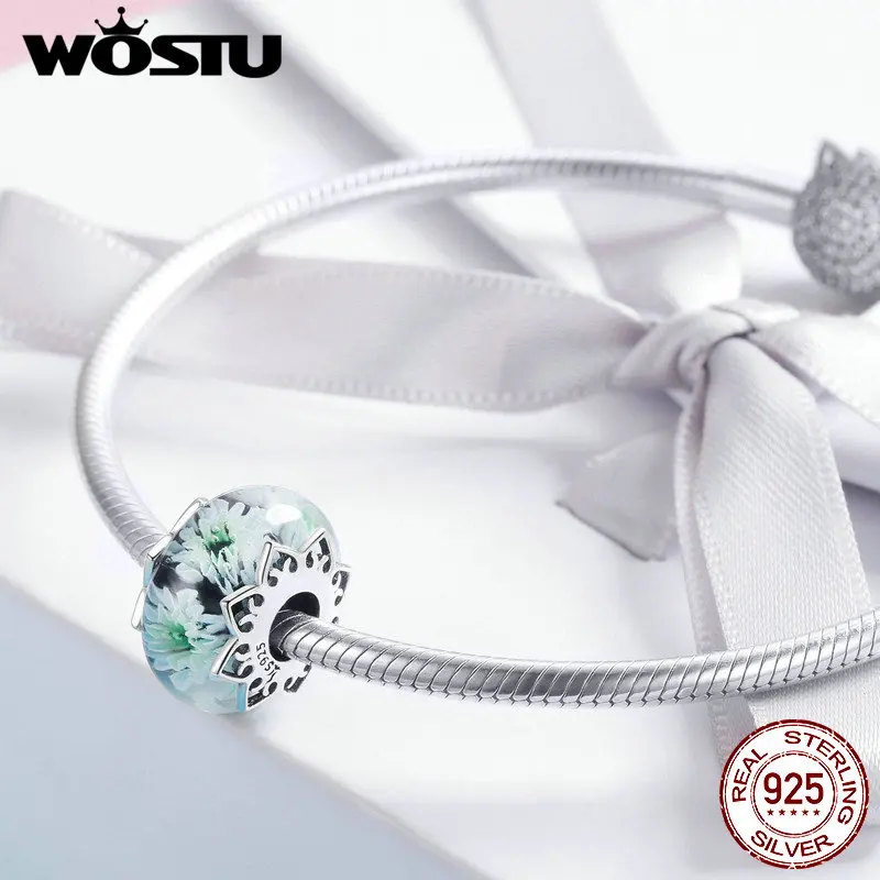 WOSTU 100% 925 Sterling Silver Cyan chrysanthemum Murano Beads Fit Charm Bracelet & Necklace Pendant Unique Jewelry Gift FIC1011