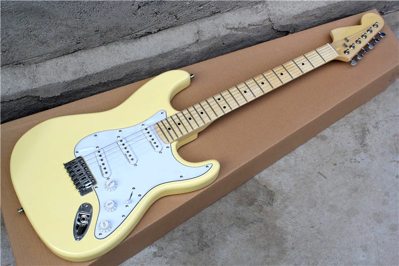 

Factory custom yellow body electric guitar with reverse headstock,SSS pickups,white pickguard,chrome hardware,can be customized
