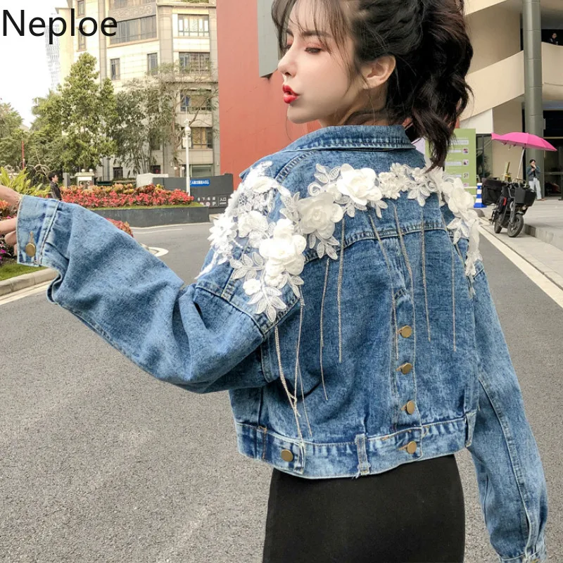

Neploe Appliques Denim Jackets Women Fashion Turn-Down Collar Long Sleeve Jean Coats Casual Single Breasted Ladies Outwear 43944