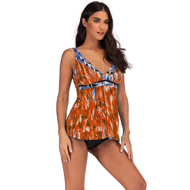 

Sexy Women Two Piece Swimsuit Feather Print Spaghetti Strap Tankini Set Swim Beach Wear Bathing Suits Swimwear Bikini 2019