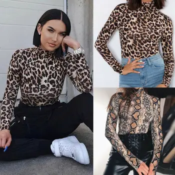 

Leopard Bodysuit for Women Sexy Bodycon Skinny Body Suit Turtleneck Long Sleeve Playsuit Printed Romper Jumpsuits
