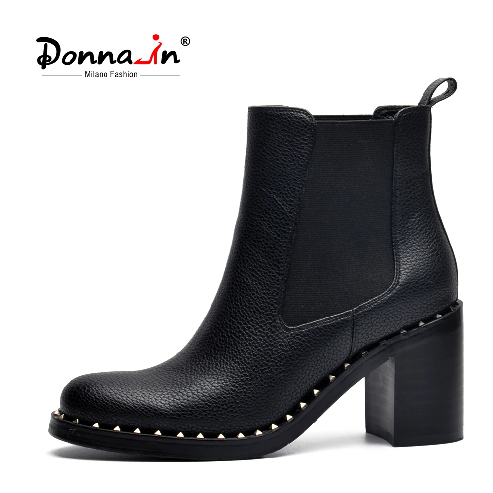 Clearance Sale Donna in fashion ankle boots genuine leather high heel metallic rivet women shoes ...