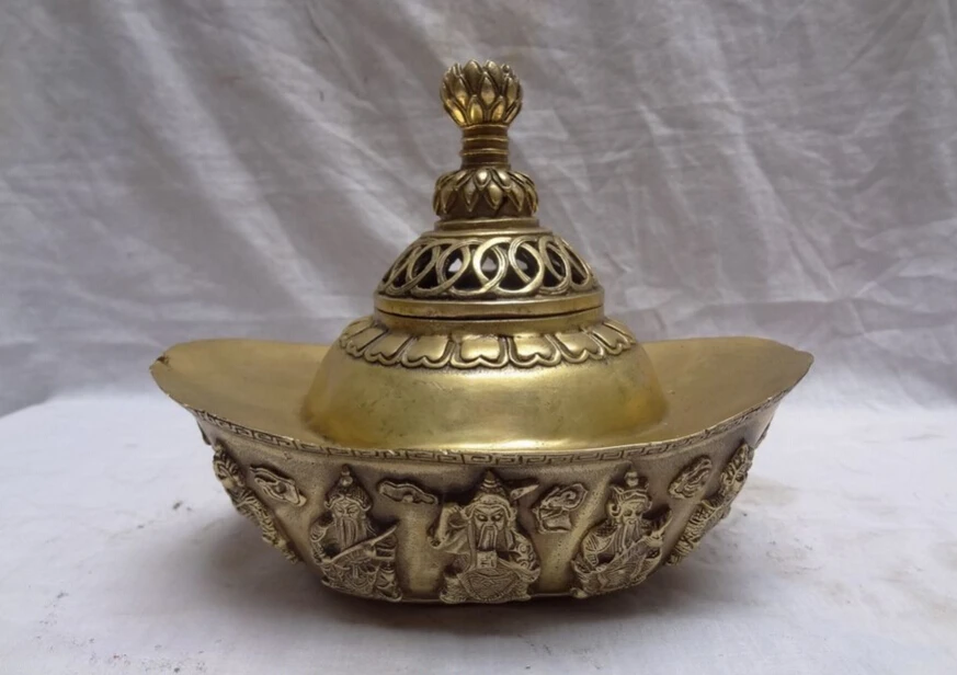 

S4977 8" Tibet Brass Dragon Head 5 Mammon God Statue YuanBao Incense Burner Censer D0317