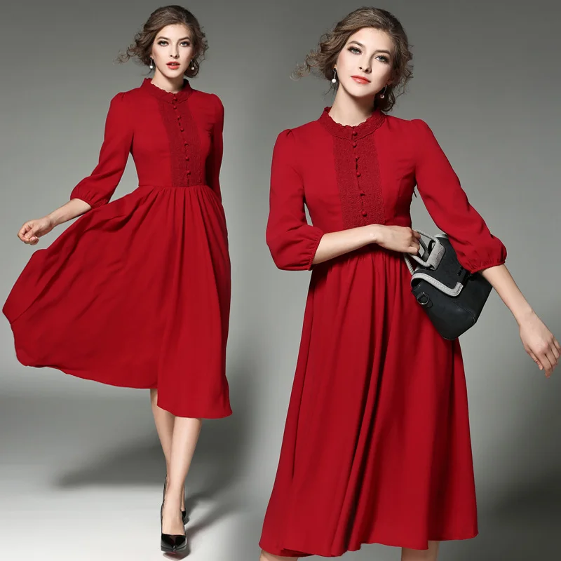 New 2017 Western Style Early Spring Chiffon Lace Stitching Elegant