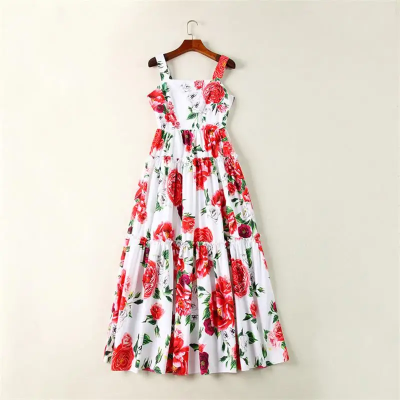 

Women Summer Dress 2018 High Quality Runway Backless Sleeveless Printed Big Swing Spaghetti Strap Dress DX0661N